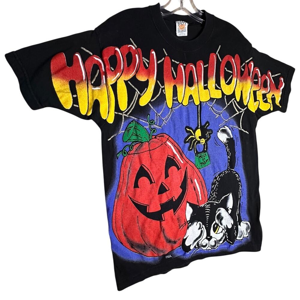 Vtg Halloween Pumpkin Kitty 1996 90s All Over Print T-shirt Unisex Sz L Costume - Picture 4 of 16